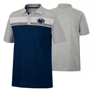 gray polo shirt with stripes and Penn State Athletic logo